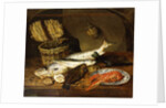 A Salmon, a Mackerel, a Lobster on a Plate, a Wicker Basket, Oysters, a Chianti Bottle and a Fisherman's Net on a Wooden Table, 1854 by Emily Stannard