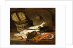 A Salmon, a Mackerel, a Lobster on a Plate, a Wicker Basket, Oysters, a Chianti Bottle and a Fisherman's Net on a Wooden Table, 1854 by Emily Stannard