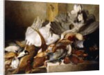 A Still Life of Dead Birds; A Heron Hanging from a Wall, Duck, Pheasant, Partridge, Woodcock, a Swan and a Pigeon with a Hare, 1845 by W. Oakes