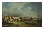 A View of Old London Bridge with Barges on the Thames by Samuel Scott