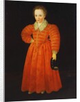 Portrait of a Little Boy, standing full length wearing a Red Dress within a White Lace Collar, holding a Black Hat by Robert the Elder Peake