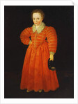 Portrait of a Little Boy, standing full length wearing a Red Dress within a White Lace Collar, holding a Black Hat by Robert the Elder Peake