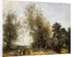 Group Of Trees at the Edge of a Pond with Three Peasants by Jean Baptiste Camille Corot