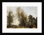 Group Of Trees at the Edge of a Pond with Three Peasants by Jean Baptiste Camille Corot