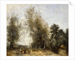 Group Of Trees at the Edge of a Pond with Three Peasants by Jean Baptiste Camille Corot