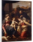 The Madonna and Child with Saints Lucy, Dominic and Louis of France, a landscape with a town through a casement beyond by Annibale Carracci