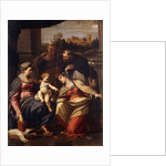 The Madonna and Child with Saints Lucy, Dominic and Louis of France, a landscape with a town through a casement beyond by Annibale Carracci