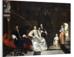 Group Portrait of the Jacott-Hoppesack Family with a Hound in a Sumptuous Classical Interior, a Lady and Gentleman Strolling in a Park Through a Doorway Beyond by Pieter de Hooch