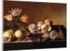 A Silver Plate of Peaches, a Vase of Parrot Tulips, Pears and Shells on a Partly Draped Table by Bartholomeus Assteyn