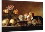 A Silver Plate of Peaches, a Vase of Parrot Tulips, Pears and Shells on a Partly Draped Table by Bartholomeus Assteyn