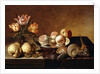 A Silver Plate of Peaches, a Vase of Parrot Tulips, Pears and Shells on a Partly Draped Table by Bartholomeus Assteyn