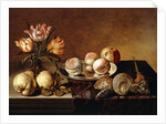 A Silver Plate of Peaches, a Vase of Parrot Tulips, Pears and Shells on a Partly Draped Table by Bartholomeus Assteyn