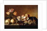 A Silver Plate of Peaches, a Vase of Parrot Tulips, Pears and Shells on a Partly Draped Table by Bartholomeus Assteyn