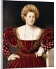 Portrait of a Lady, three-quarter-length, in a burgundy dress with slashed sleeves, holding gloves by Bernardino Licinio