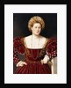 Portrait of a Lady, three-quarter-length, in a burgundy dress with slashed sleeves, holding gloves by Bernardino Licinio