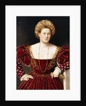 Portrait of a Lady, three-quarter-length, in a burgundy dress with slashed sleeves, holding gloves by Bernardino Licinio
