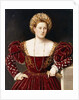 Portrait of a Lady, three-quarter-length, in a burgundy dress with slashed sleeves, holding gloves by Bernardino Licinio