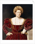 Portrait of a Lady, three-quarter-length, in a burgundy dress with slashed sleeves, holding gloves by Bernardino Licinio
