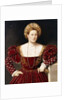 Portrait of a Lady, three-quarter-length, in a burgundy dress with slashed sleeves, holding gloves by Bernardino Licinio