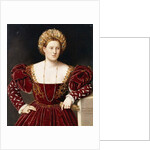 Portrait of a Lady, three-quarter-length, in a burgundy dress with slashed sleeves, holding gloves by Bernardino Licinio