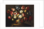 Flowers in a Basket on a stone Ledge by Juan de Arellano
