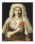 Portrait of a Young Woman, three-quarter length, Holding a Carnation by Francesco Cozza
