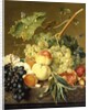 Fruit, Hazelnuts and Hollyhocks on a Marble Ledge by Jan van Huysum