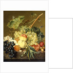 Fruit, Hazelnuts and Hollyhocks on a Marble Ledge by Jan van Huysum