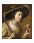 Portrait of Princess Elizabeth II van de Palts as a Shepherdess, bust length, holding a Rose by Gerrit van Honthorst