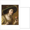 Portrait of Princess Elizabeth II van de Palts as a Shepherdess, bust length, holding a Rose by Gerrit van Honthorst