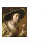 Portrait of Princess Elizabeth II van de Palts as a Shepherdess, bust length, holding a Rose by Gerrit van Honthorst