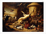 A dead Hare on a plinth by a sculpted Urn with a Basket of Fruit, a dead Pheasant, Mallard, Grouse, Jay and Chaffinch, a Dog watching a Goldfinch and a Boy bearing a Basket of Fruit in a Park, 1705 by Jan Weenix
