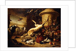 A dead Hare on a plinth by a sculpted Urn with a Basket of Fruit, a dead Pheasant, Mallard, Grouse, Jay and Chaffinch, a Dog watching a Goldfinch and a Boy bearing a Basket of Fruit in a Park, 1705 by Jan Weenix