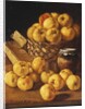Apples in a Basket, a Jar and Condiment Boxes on a Table by Luis Egidio Menendez or Melendez