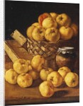 Apples in a Basket, a Jar and Condiment Boxes on a Table by Luis Egidio Menendez or Melendez