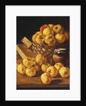 Apples in a Basket, a Jar and Condiment Boxes on a Table by Luis Egidio Menendez or Melendez