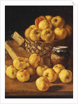 Apples in a Basket, a Jar and Condiment Boxes on a Table by Luis Egidio Menendez or Melendez