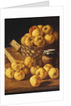 Apples in a Basket, a Jar and Condiment Boxes on a Table by Luis Egidio Menendez or Melendez