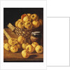 Apples in a Basket, a Jar and Condiment Boxes on a Table by Luis Egidio Menendez or Melendez