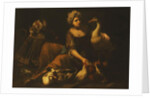A Girl Feeding Cockerels, with a Cat on a Basket, a Goose, Duck and other Birds by Tommaso Salini