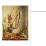 A Banner, Flowers in an Urn, a Relief, a Globe, a Print, a Compass, a Writing Set, Letters and Blaeu's Atlas in a Niche by Gerke Jans de Jager