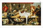 A Butcher's Stall with Cats and Kittens playing and a Butcher holding a Boar's Head by Frans & Vos Cornelis de Snyders