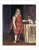 Portrait of a Boy, full-length, wearing a silver-embroidered red costume, holding the paw of a spaniel on a table by Lavinia Fontana