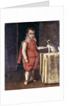 Portrait of a Boy, full-length, wearing a silver-embroidered red costume, holding the paw of a spaniel on a table by Lavinia Fontana