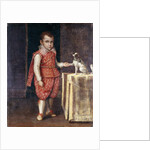Portrait of a Boy, full-length, wearing a silver-embroidered red costume, holding the paw of a spaniel on a table by Lavinia Fontana