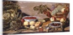 Bowls of Cherries and Blackberries, a Basket of Grapes, Apples and Red currants, a Cabbage, Artichoke, Lemons, Gerkins Nuts, Other Fruit, Dead Snipe and Thrushes on a Table by Robert Willemsz de Baudous