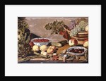 Bowls of Cherries and Blackberries, a Basket of Grapes, Apples and Red currants, a Cabbage, Artichoke, Lemons, Gerkins Nuts, Other Fruit, Dead Snipe and Thrushes on a Table by Robert Willemsz de Baudous