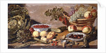 Bowls of Cherries and Blackberries, a Basket of Grapes, Apples and Red currants, a Cabbage, Artichoke, Lemons, Gerkins Nuts, Other Fruit, Dead Snipe and Thrushes on a Table by Robert Willemsz de Baudous