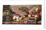 Bowls of Cherries and Blackberries, a Basket of Grapes, Apples and Red currants, a Cabbage, Artichoke, Lemons, Gerkins Nuts, Other Fruit, Dead Snipe and Thrushes on a Table by Robert Willemsz de Baudous