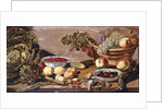 Bowls of Cherries and Blackberries, a Basket of Grapes, Apples and Red currants, a Cabbage, Artichoke, Lemons, Gerkins Nuts, Other Fruit, Dead Snipe and Thrushes on a Table by Robert Willemsz de Baudous